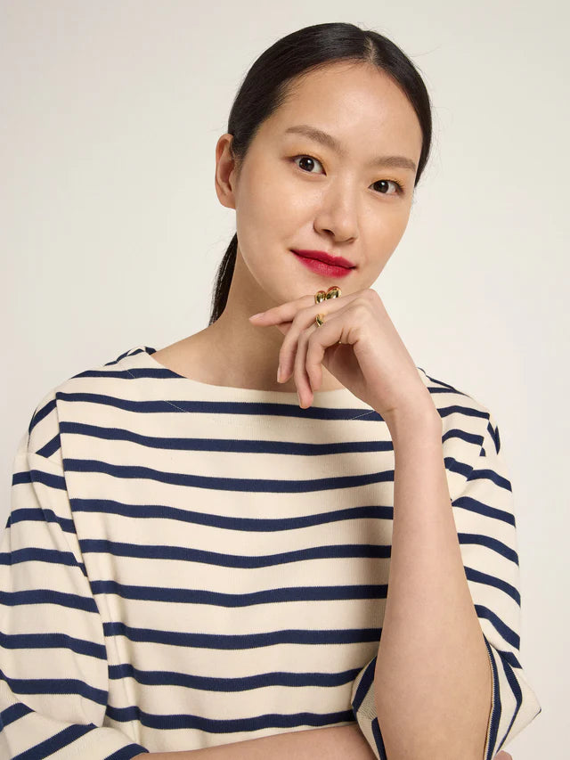 LAST ONE in 42 - Striped Boxy Sweater - Midnight Blue / Off-white