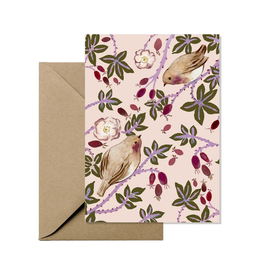 Mini Greeting Card - Roodborstjes en Hondsroos