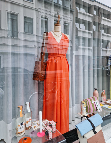 LAST ONE - Multiposition Cotton Linen Dress - Mandarin Red
