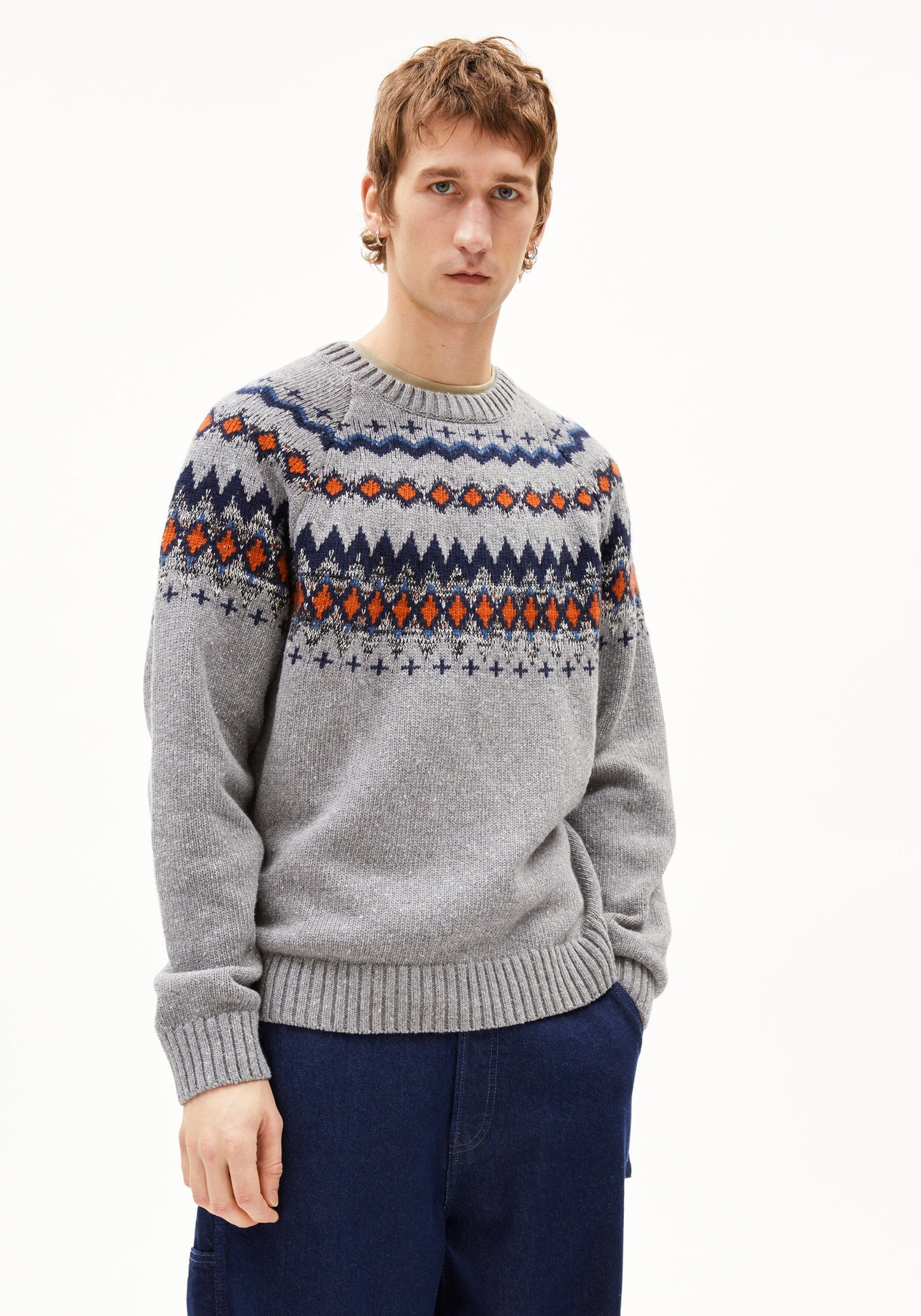 Kaalla Fair Isle Knitted Sweater - Silver Melange/Dusty Orange