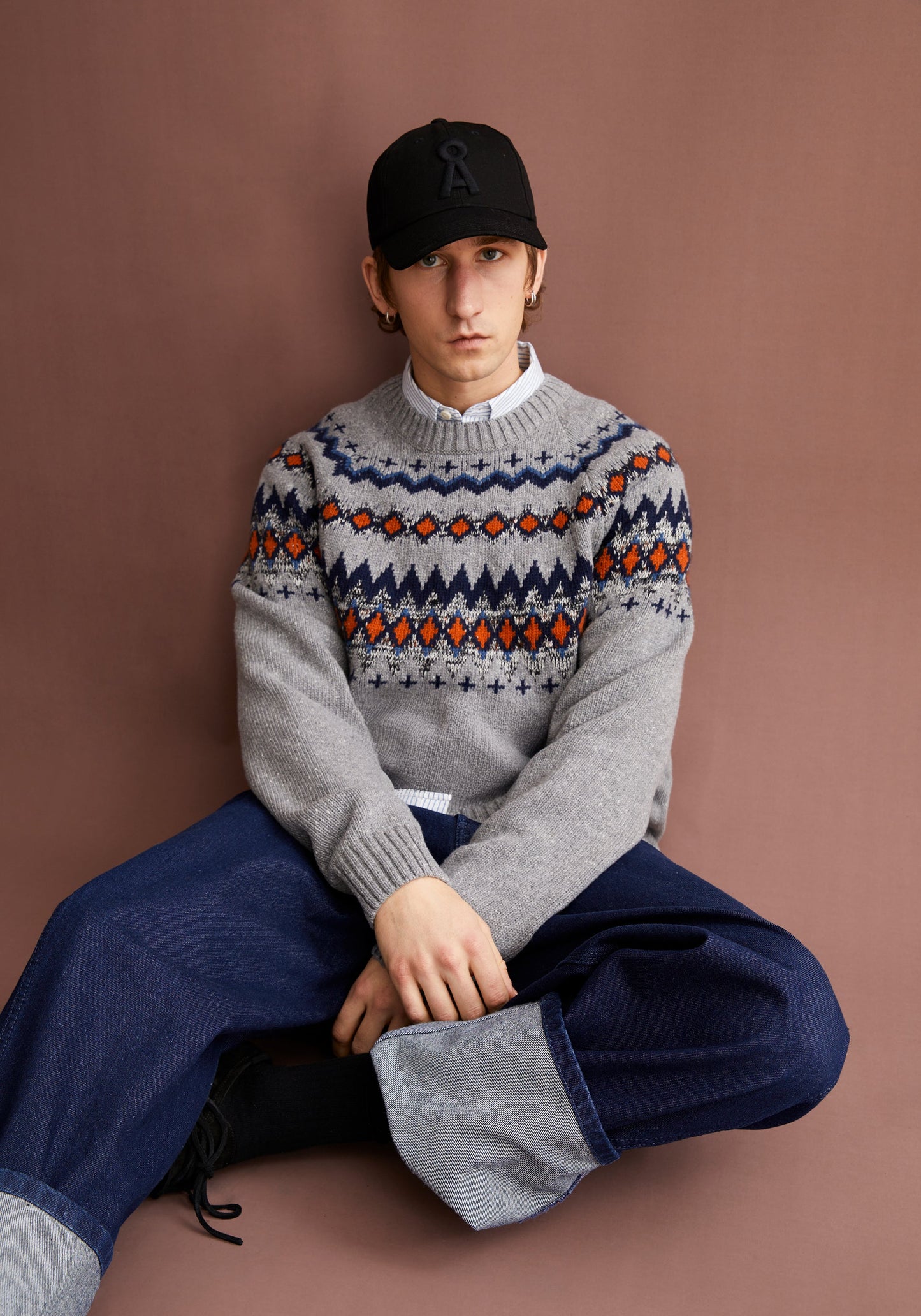 Kaalla Fair Isle Knitted Sweater - Silver Melange/Dusty Orange