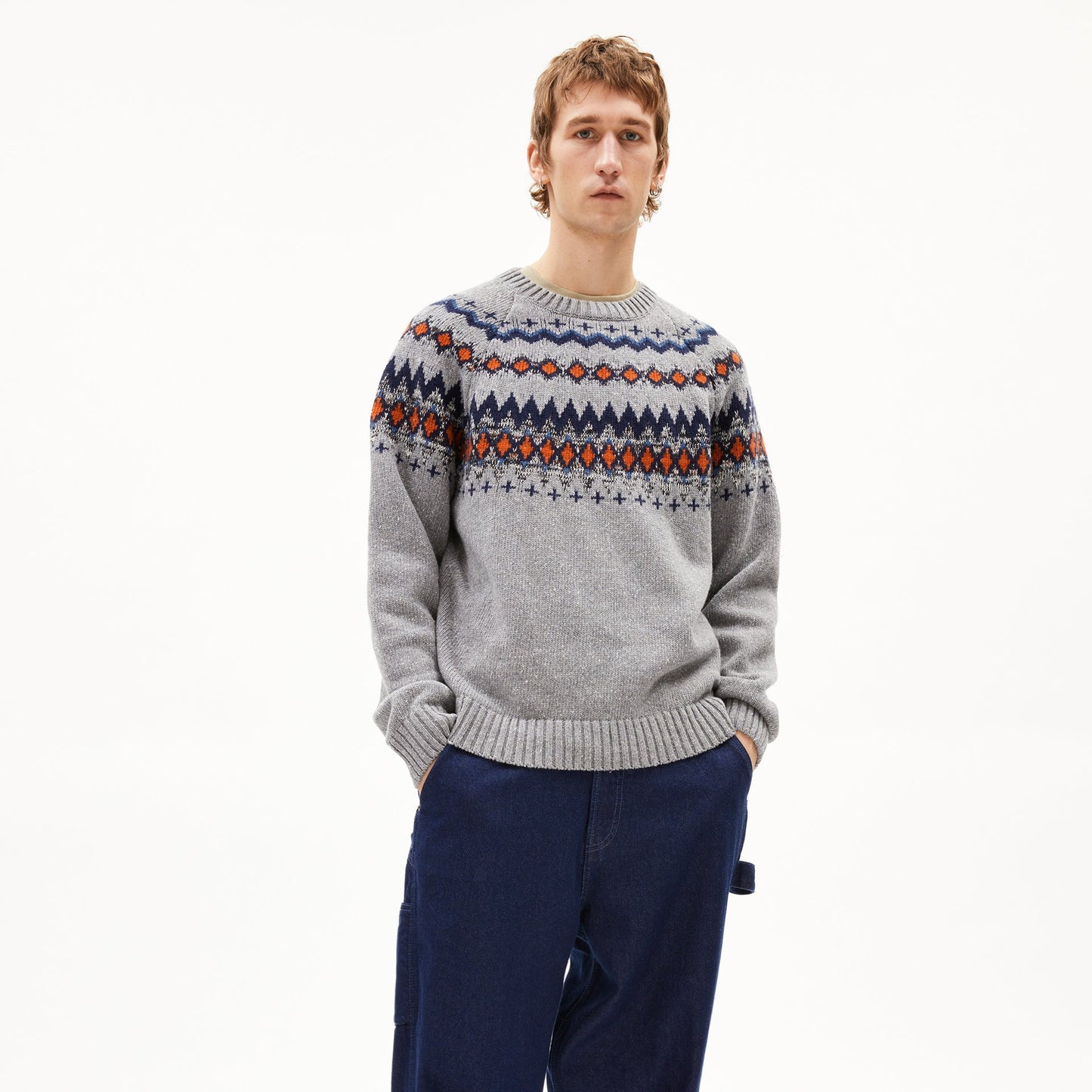 Kaalla Fair Isle Knitted Sweater - Silver Melange/Dusty Orange