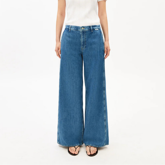 Linen Blend Loose Denim Pants - Sea Salt