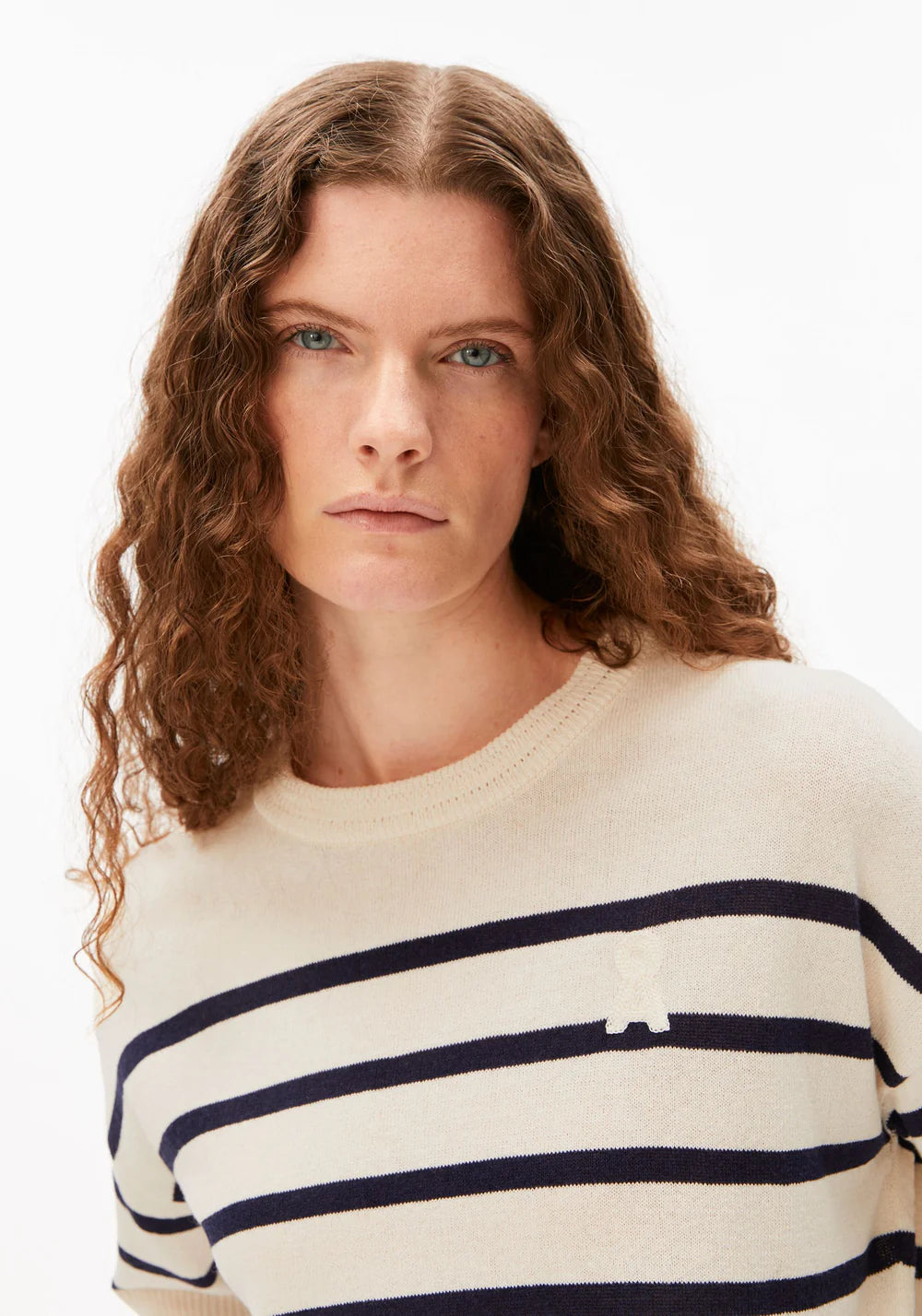 Striped Linen Blend Short Sleeve Sweater - Undyed/Tinted Navy