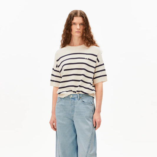 Striped Linen Blend Short Sleeve Sweater - Undyed/Tinted Navy