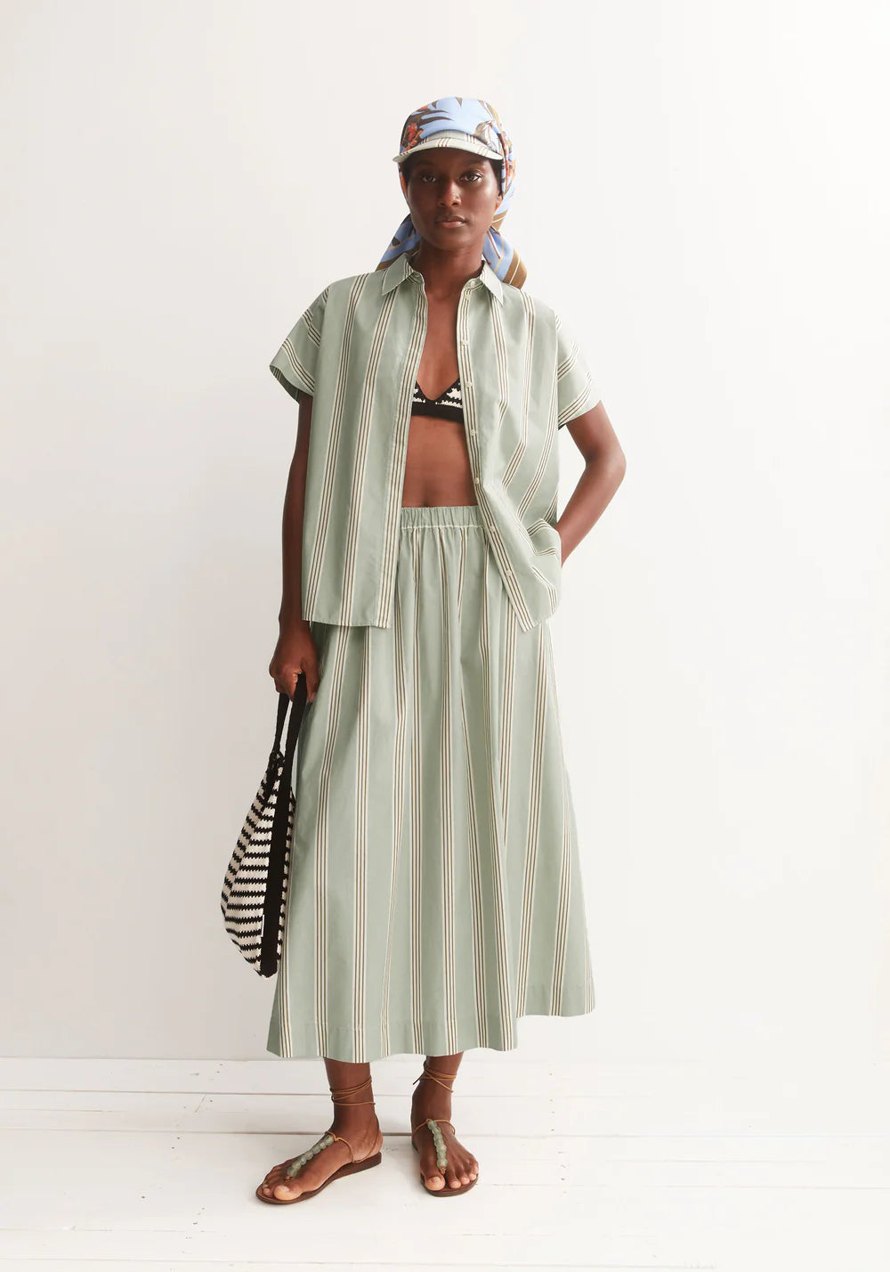 Striped A-line Midi Skirt - Oatmilk/Dried Palm