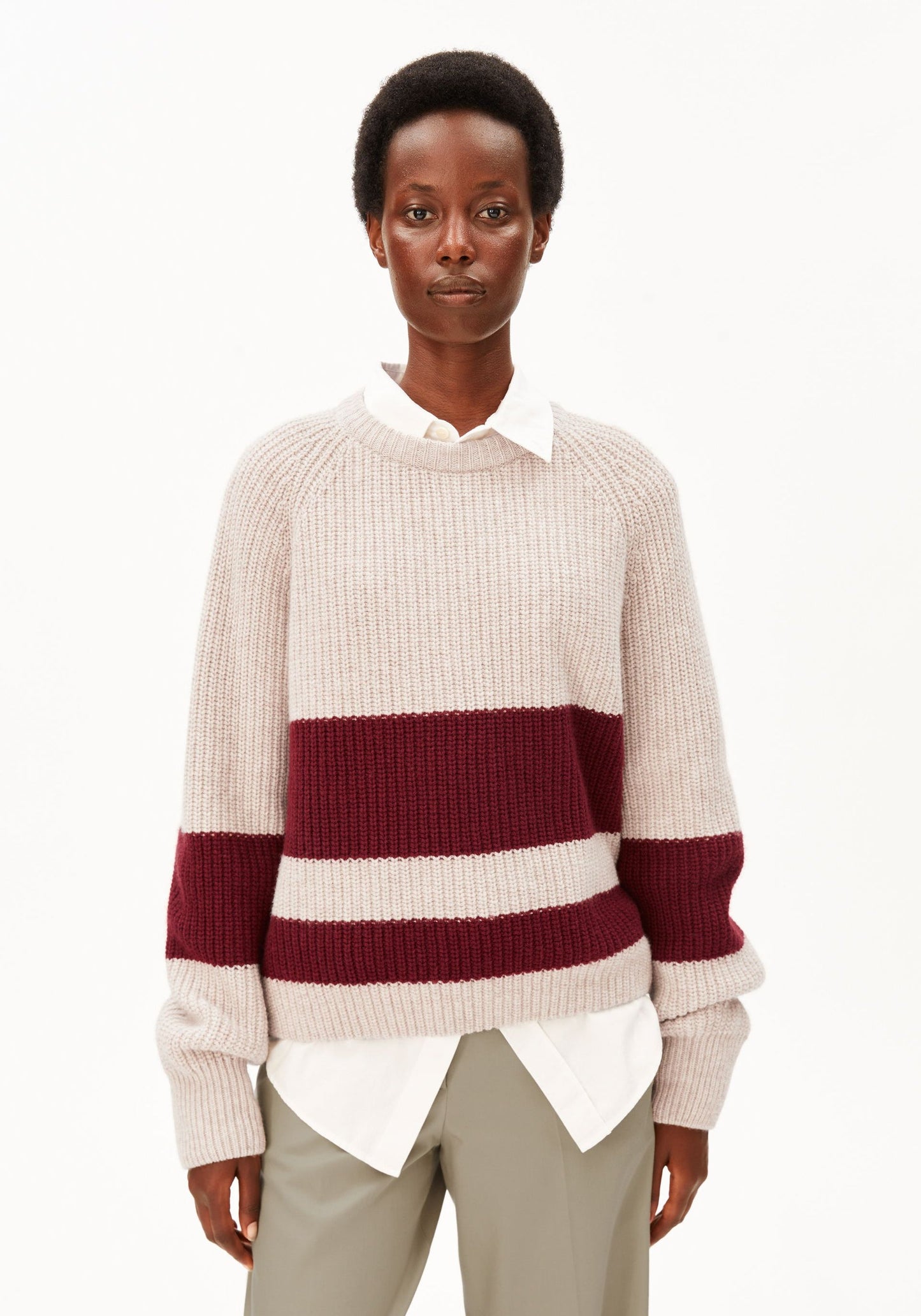 Striped Rib Knit Pullover - Honey Melange/Velvet Red