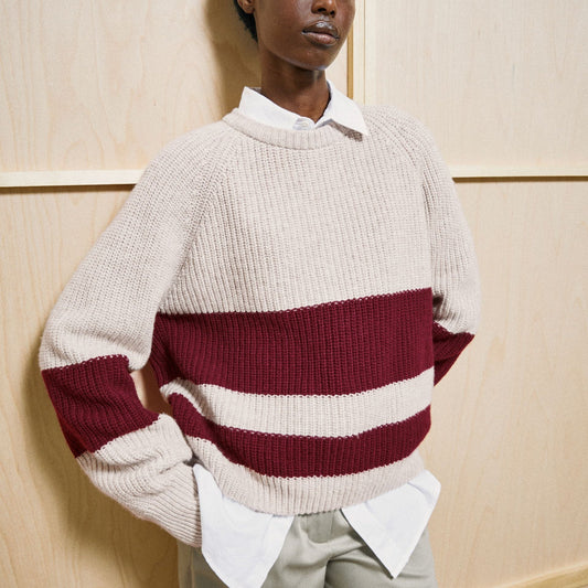 Striped Rib Knit Pullover - Honey Melange/Velvet Red