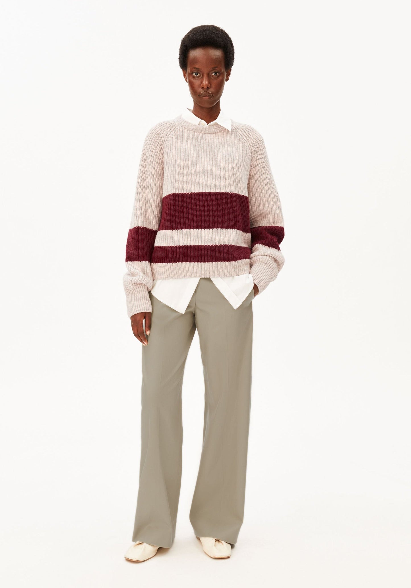 Striped Rib Knit Pullover - Honey Melange/Velvet Red