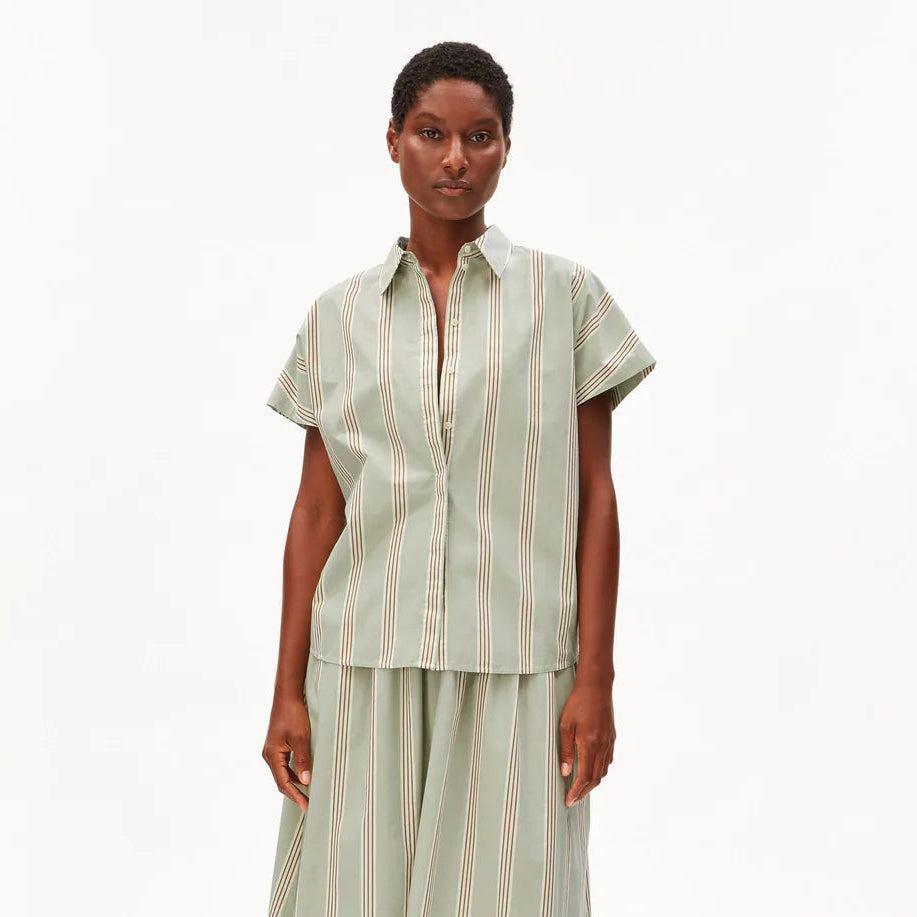 Larisaana Striped Poplin Blouse - Oatmilk/Dried Palm