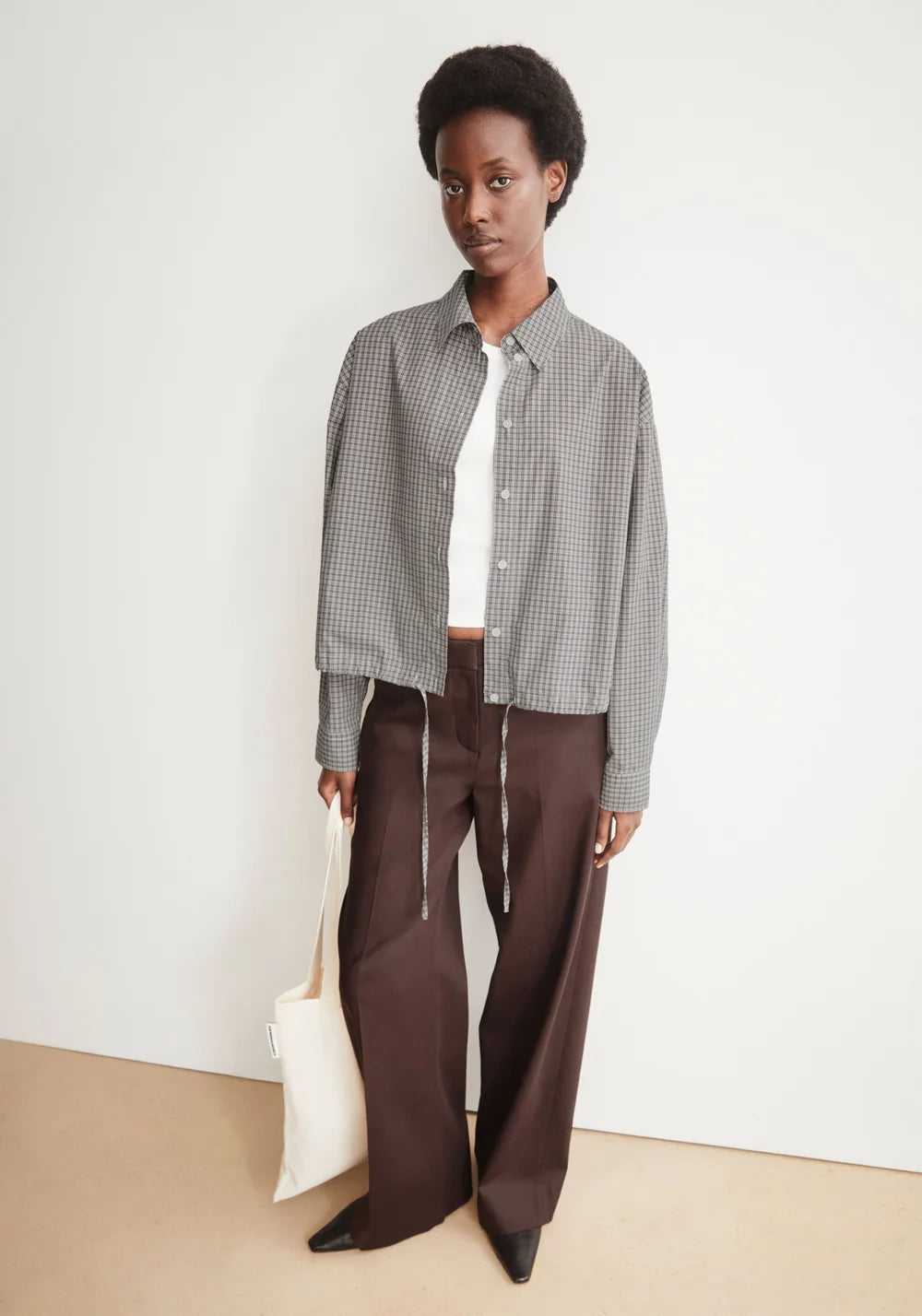 Mini Check Drawstring Blouse - Night Sky / Oatmilk