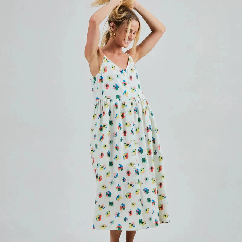 LAST ONE in S - Strappy Loose Dress - Mini Flowers Ecru