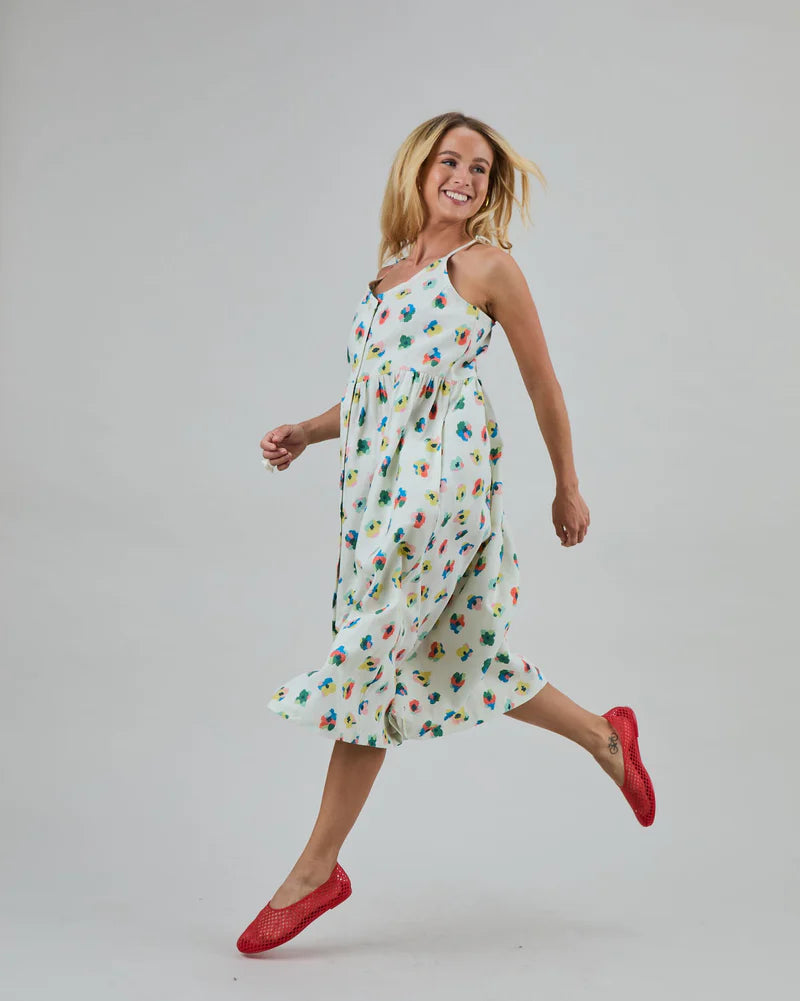 LAST ONE in S - Strappy Loose Dress - Mini Flowers Ecru