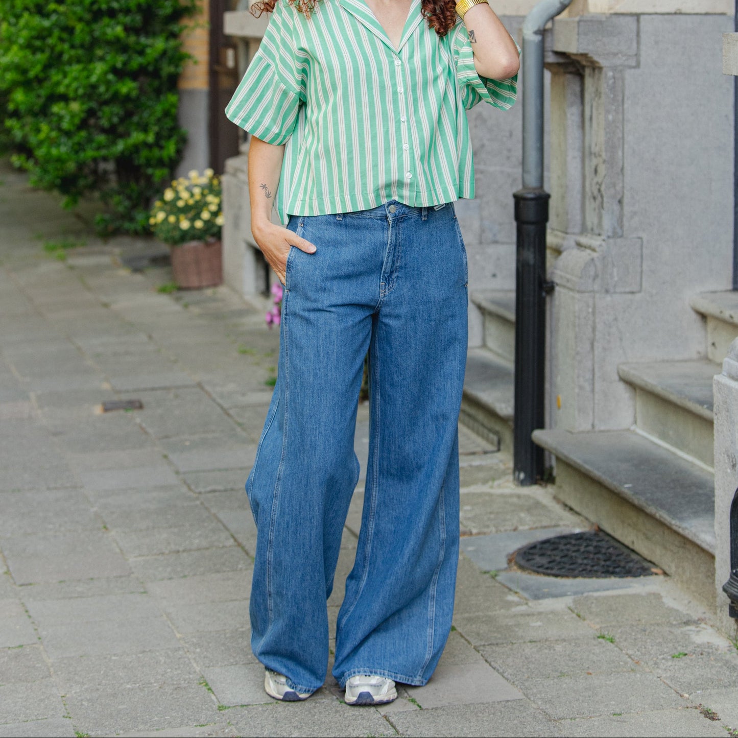 Linen Blend Loose Denim Pants - Sea Salt
