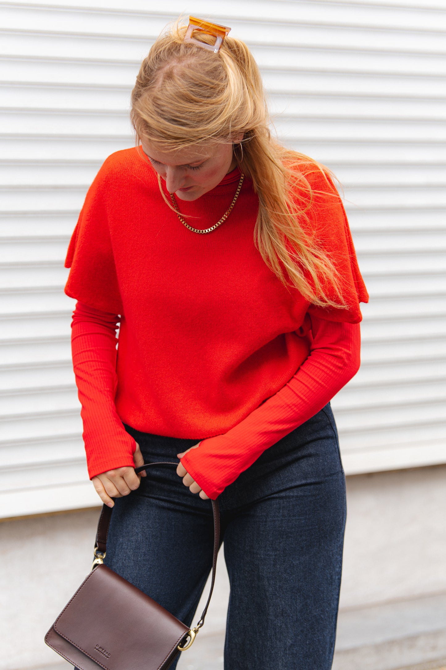 Short Sleeve Wool-mix  Knitted Jumper - Red