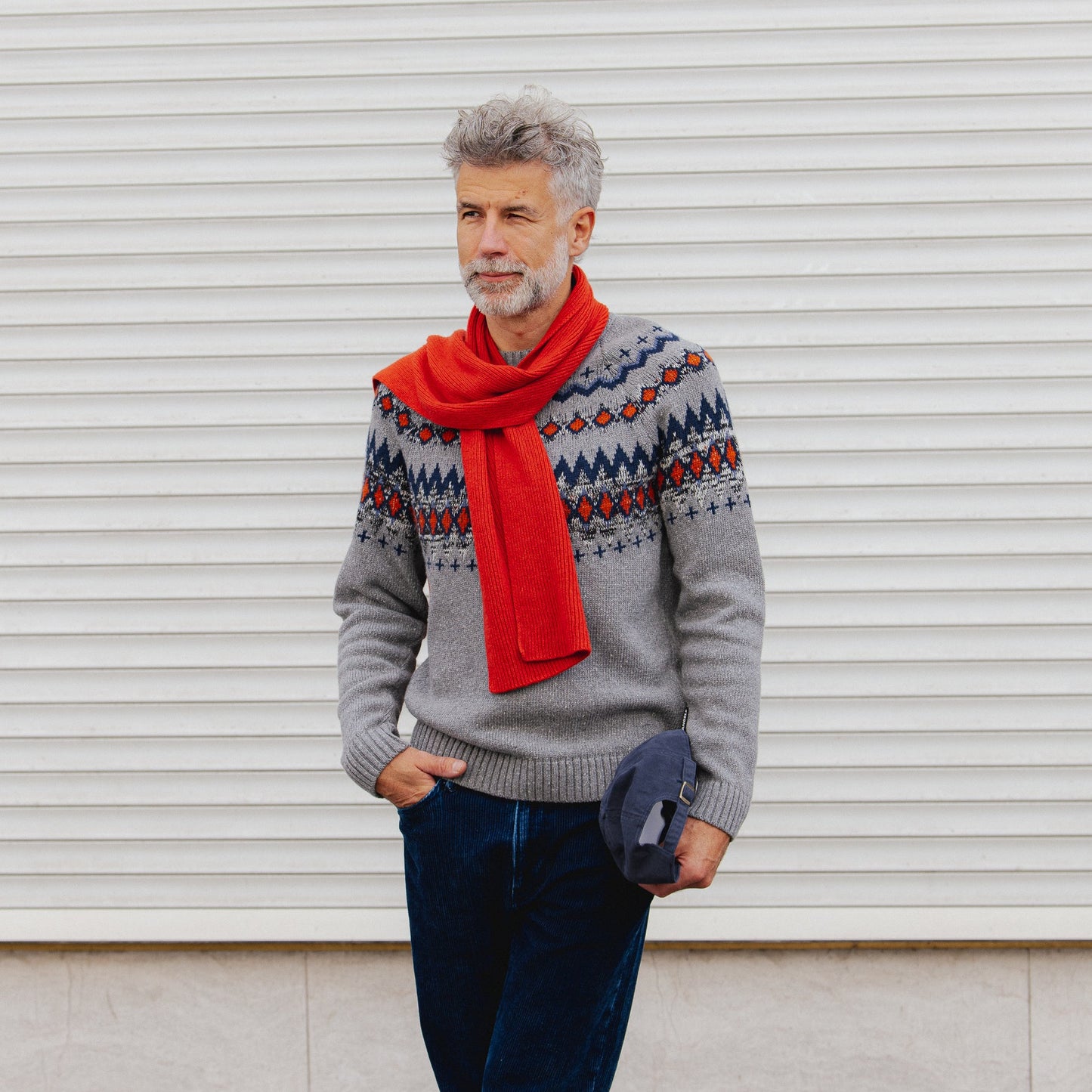 Kaalla Fair Isle Knitted Sweater - Silver Melange/Dusty Orange