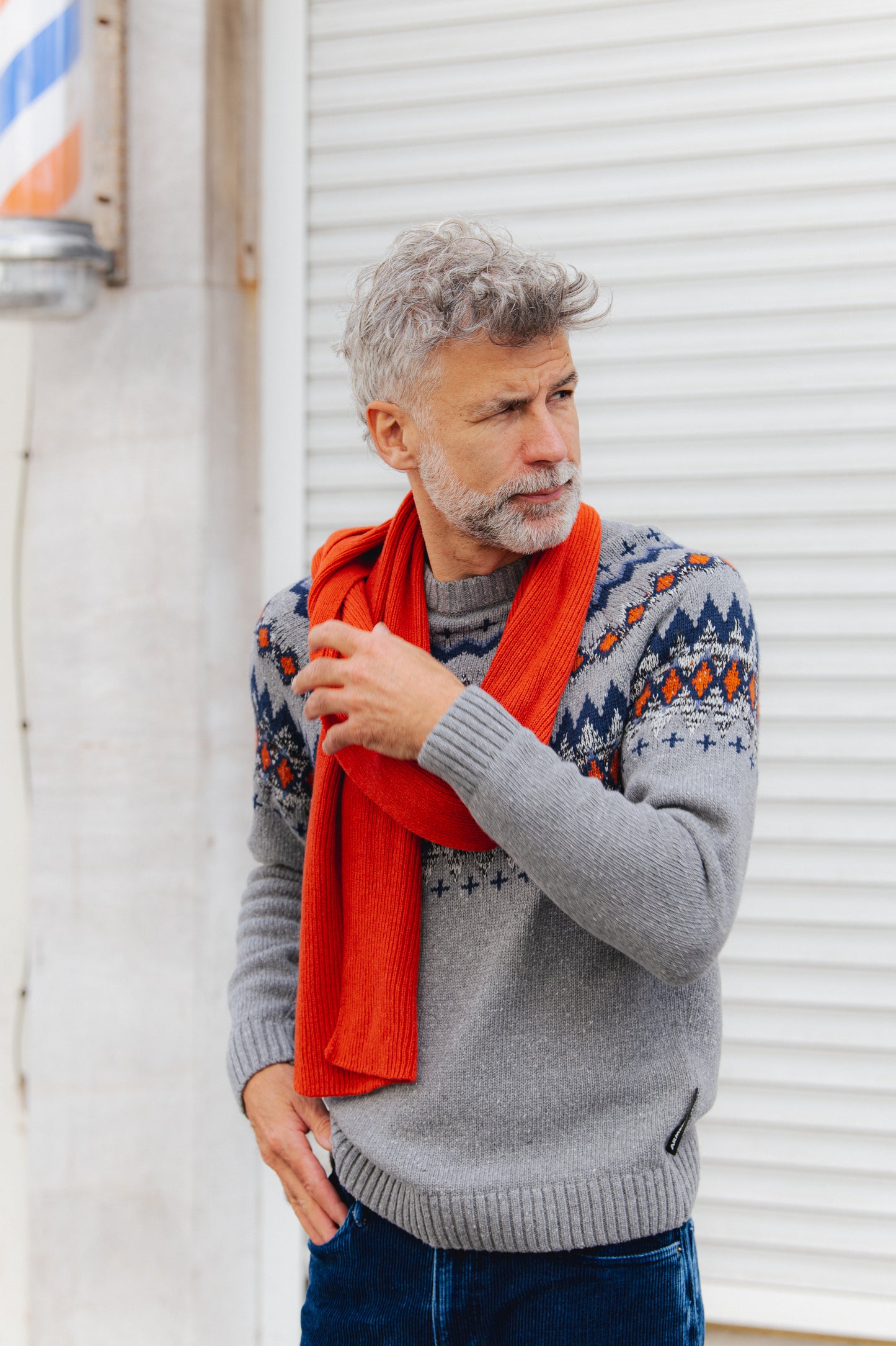 Kaalla Fair Isle Knitted Sweater - Silver Melange/Dusty Orange