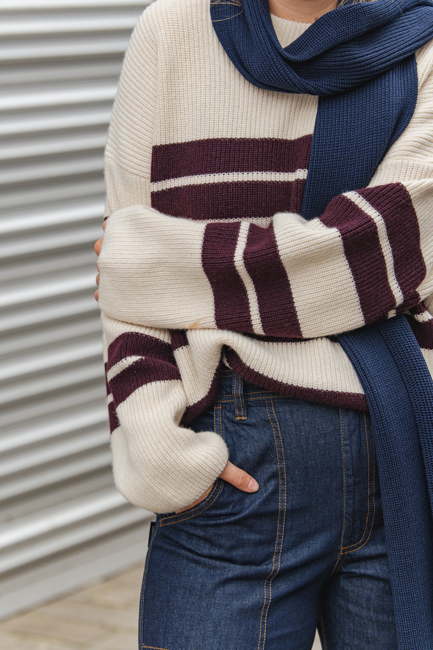 LAST ONE in 34 - Striped Sweater - Off-White/Burgundy