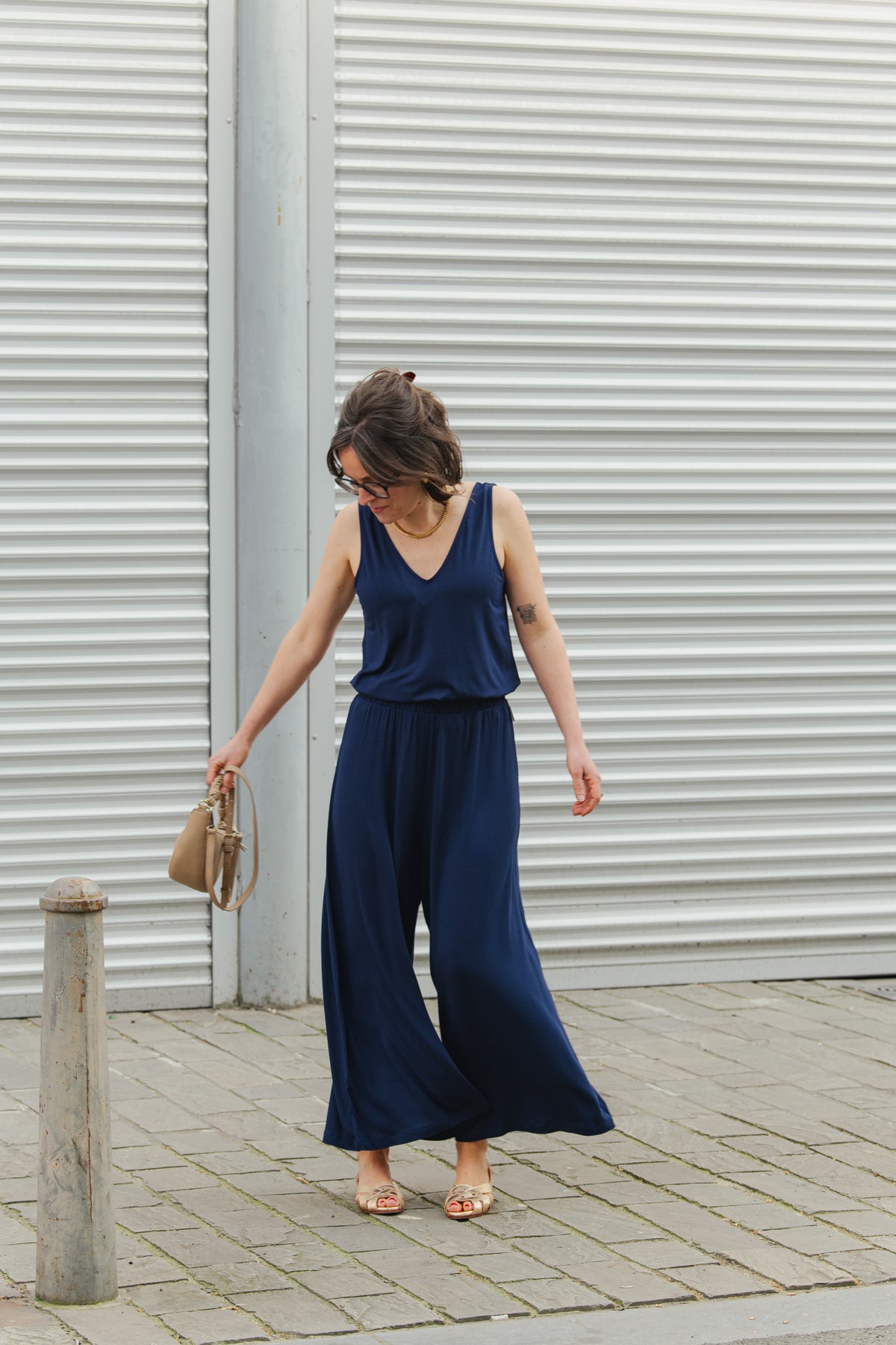 V-Neck Jersey Top - Tinted Navy