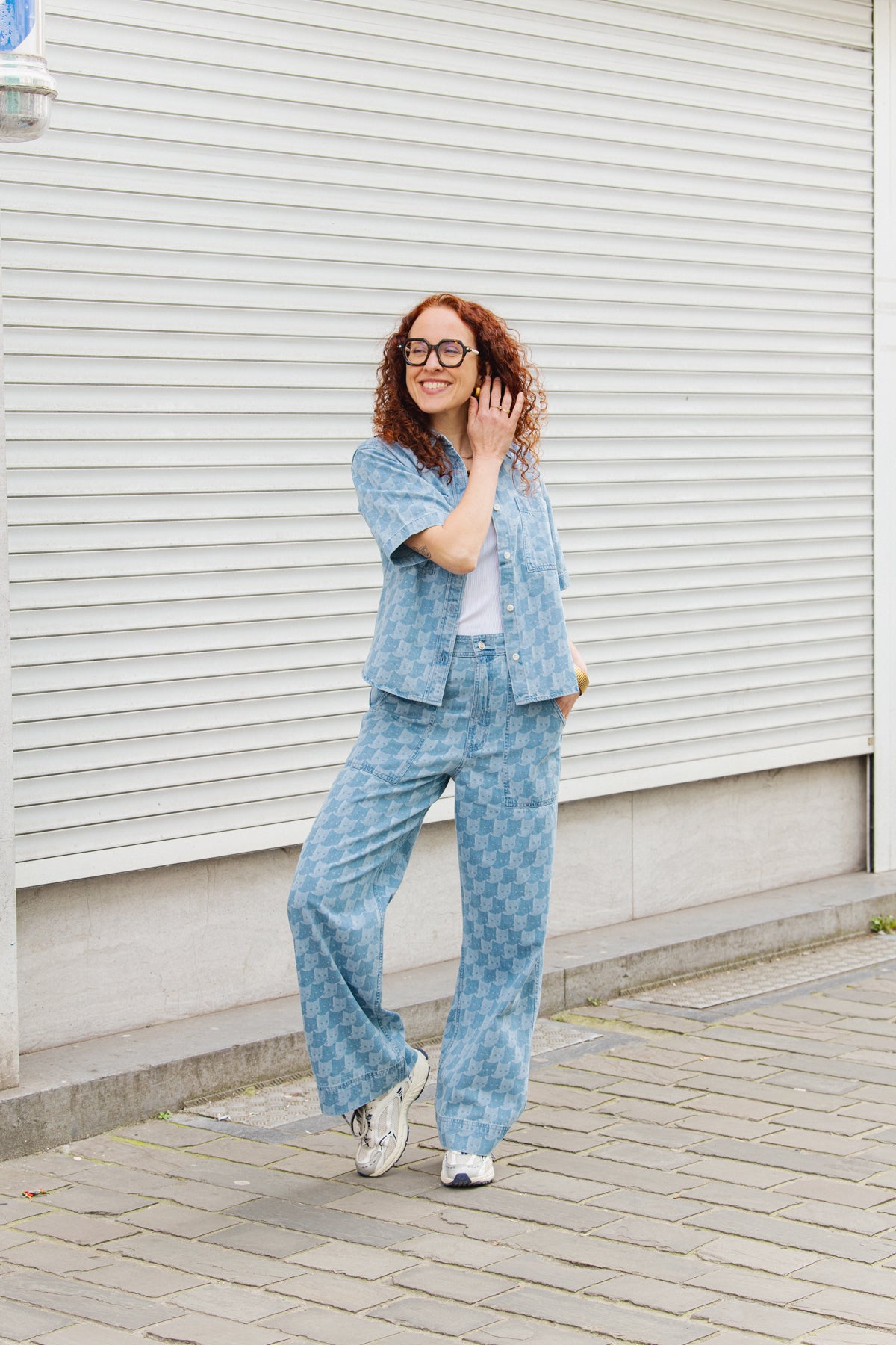 LAST ONES in S - Stensvik Shirt Pepita Cats - Light Blue