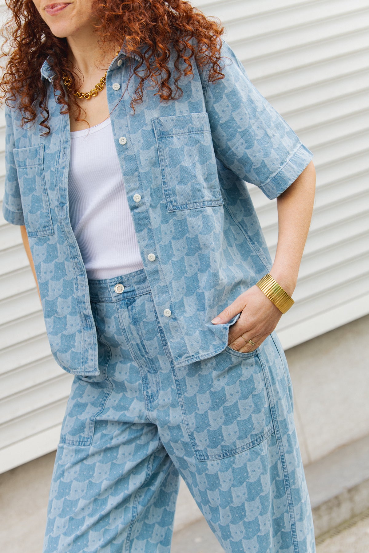 LAST ONES in S - Stensvik Shirt Pepita Cats - Light Blue