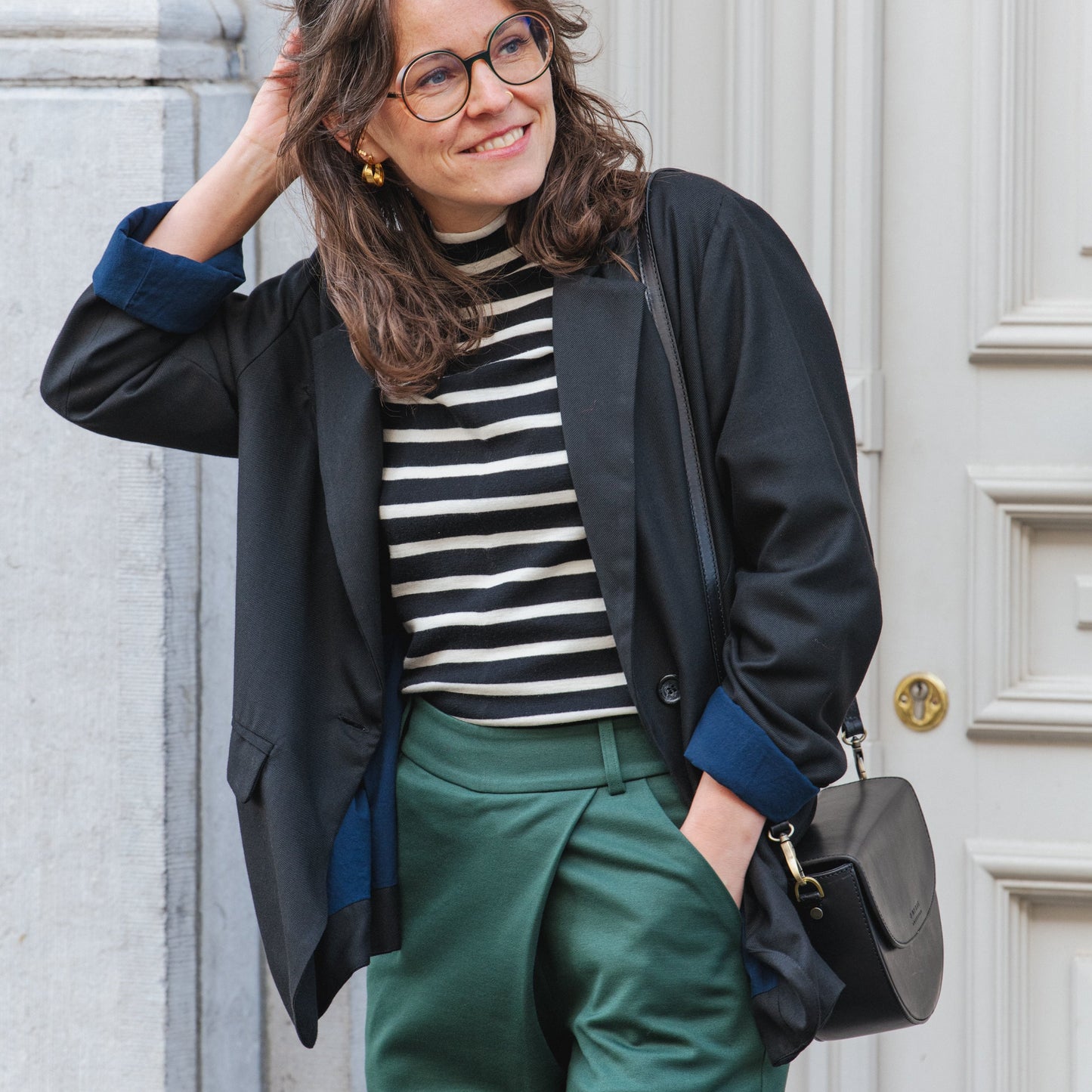 Half Sleeve Wool Top - Black/ Off White