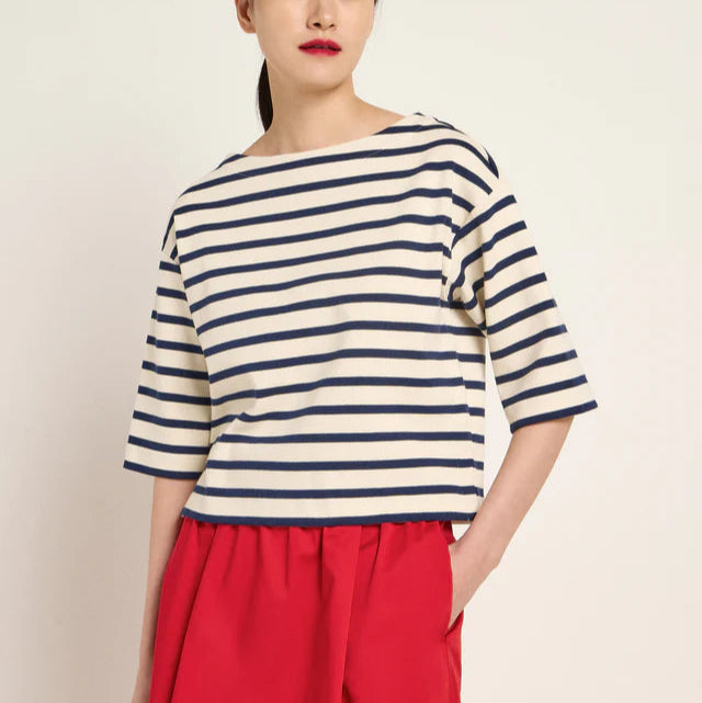 LAST ONE in 42 - Striped Boxy Sweater -  Midnight Blue / Off-white