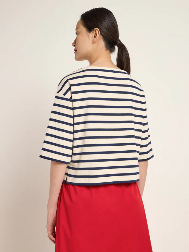 LAST ONE in 42 - Striped Boxy Sweater -  Midnight Blue / Off-white
