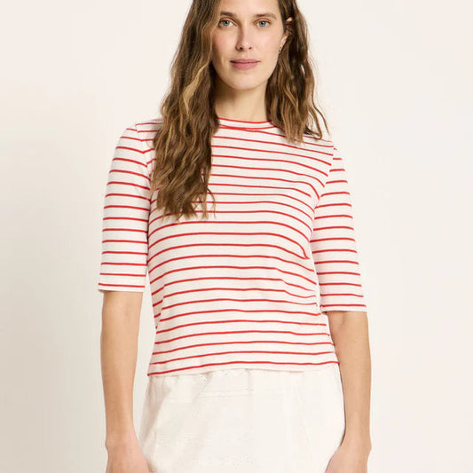 Half Sleeve Striped Top - Creme/Lava Red