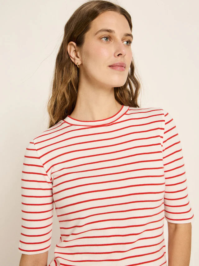 Half Sleeve Striped Top - Creme/Lava Red