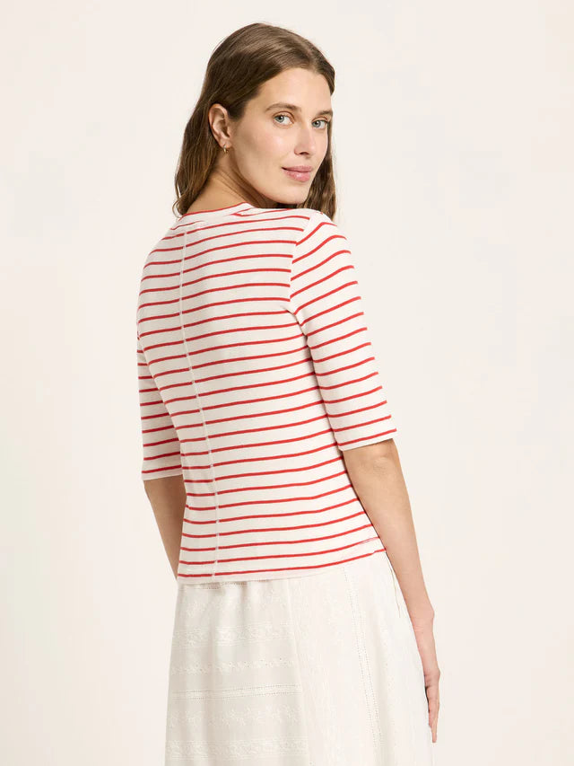 Half Sleeve Striped Top - Creme/Lava Red