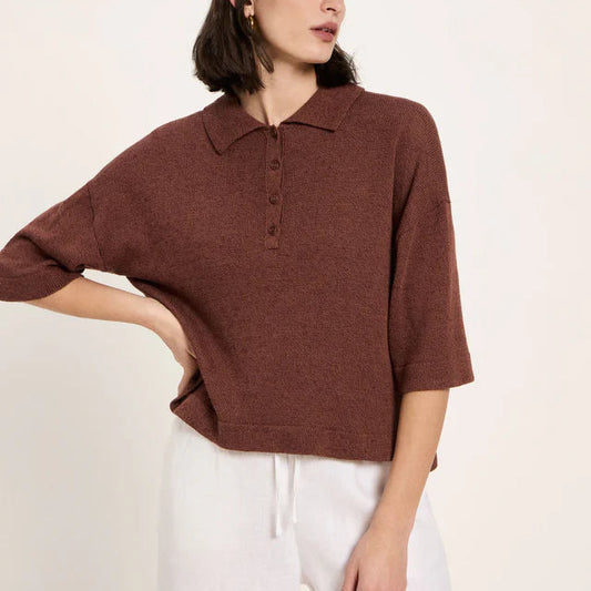 Short-Sleeved Knitted Polo Shirt - Dark Mocca