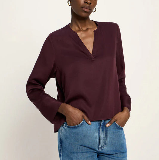 LAST ONE in 40 - Wide V-neck Blouse - Burgundy