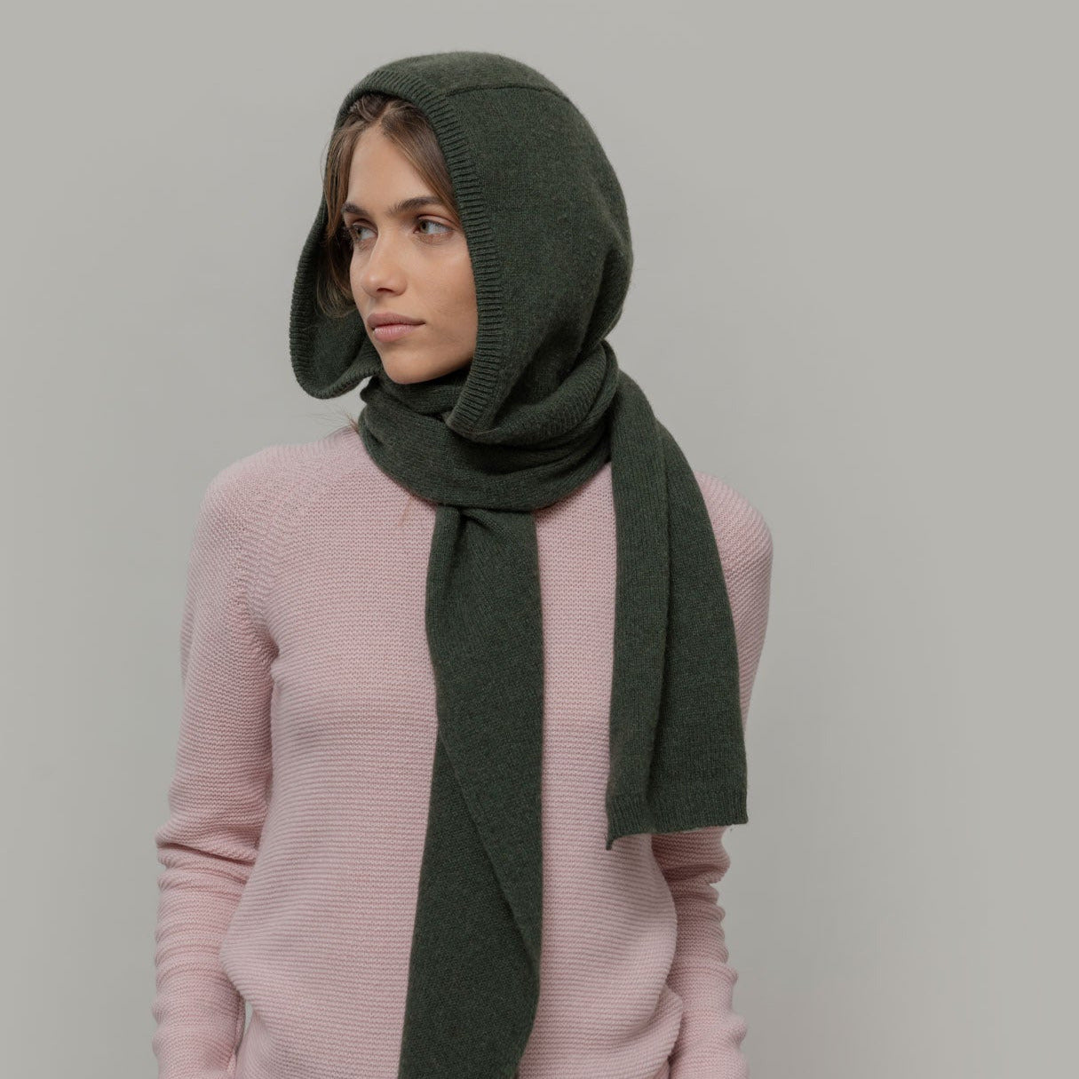 Ilenia Recycled Cashmere Scarf-Hoodie - Forest Green