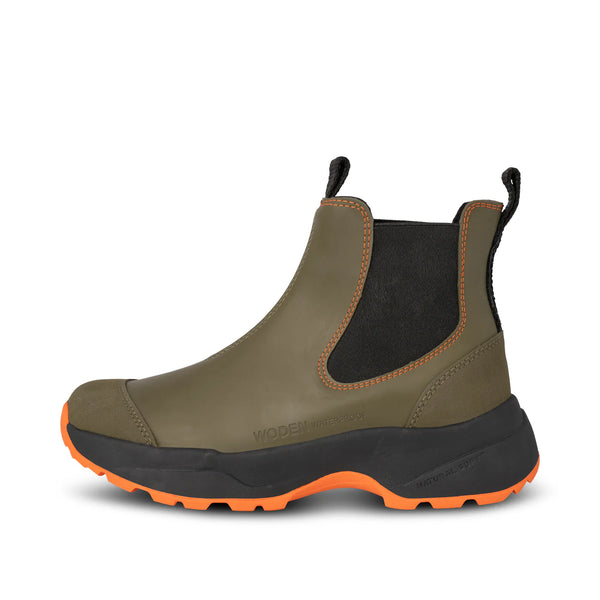 Woden Siri Waterproof Boot - Dark Olive/Orange