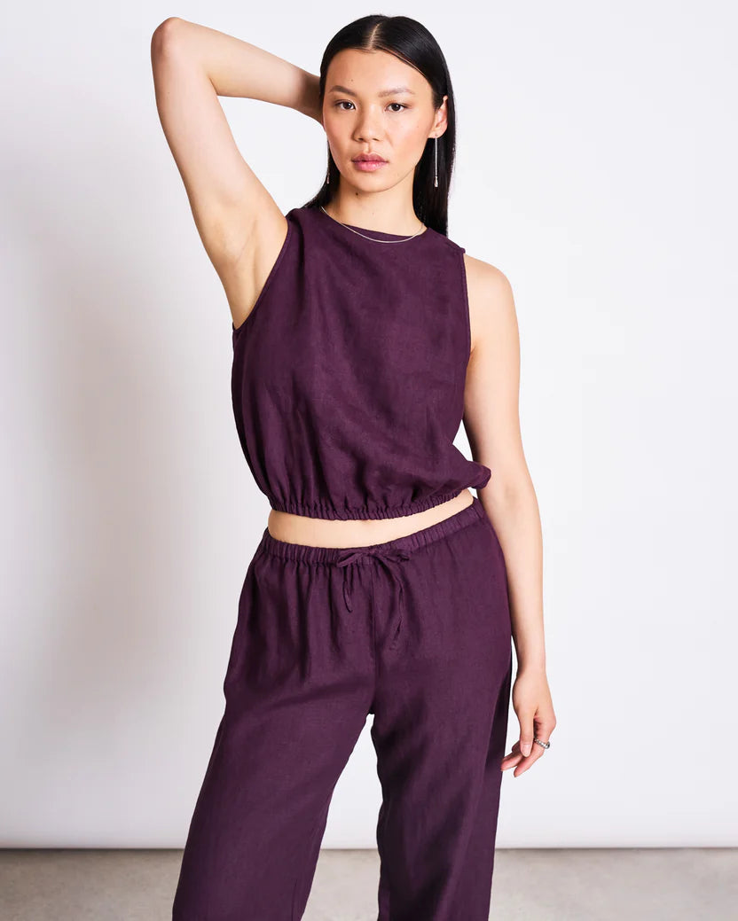 LAST ONE in XS - Lupin Cropped Linen Top - Cherry Lacquer