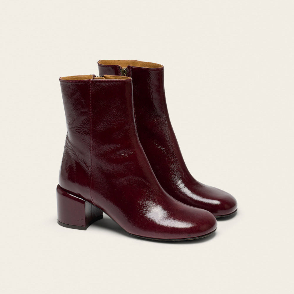 Heeled Ankle Boots Tasmin - Burgundy Patent Pleated Leather